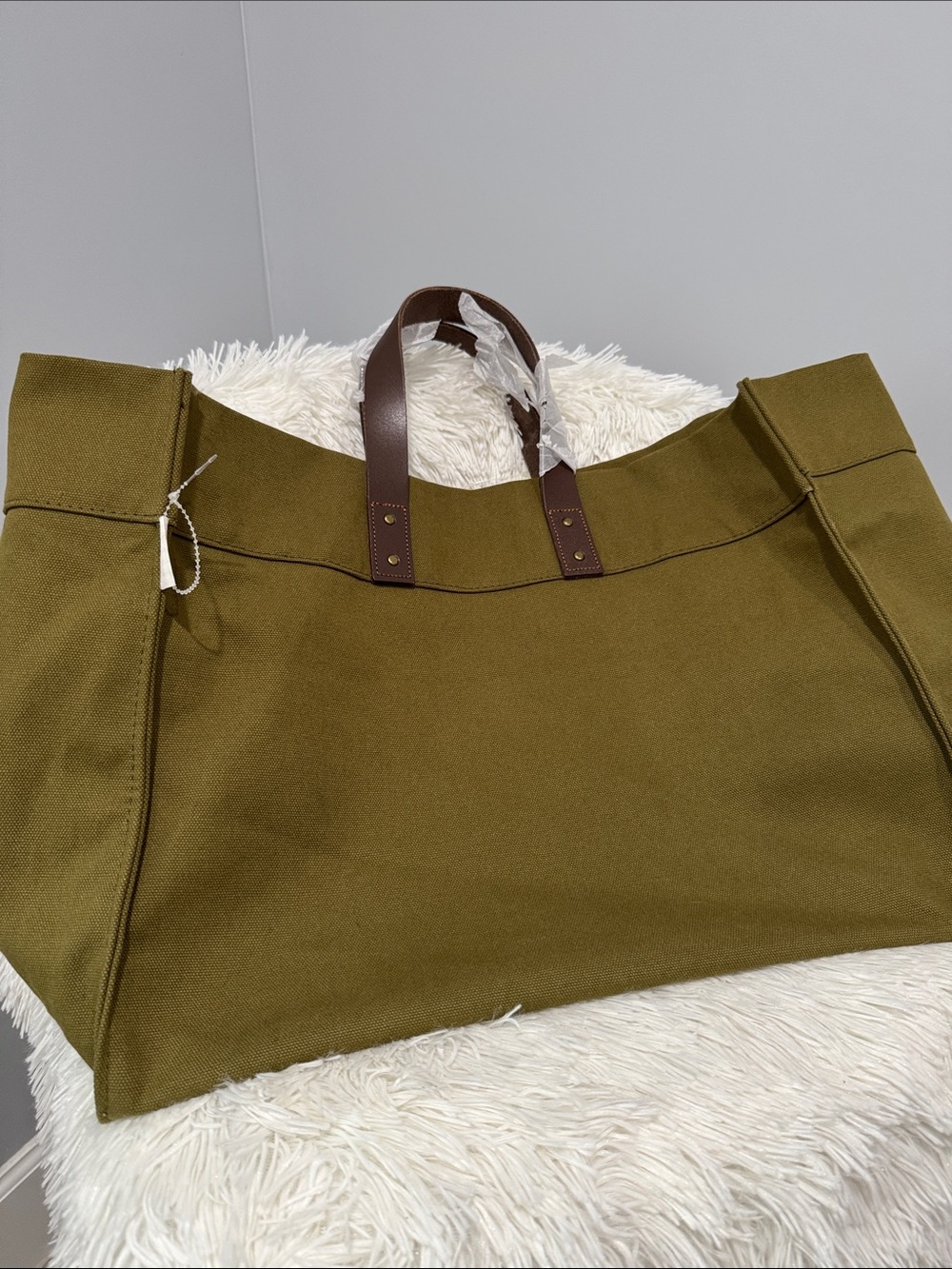 Olive Canvas Tote Bag with Brown Leather Handles